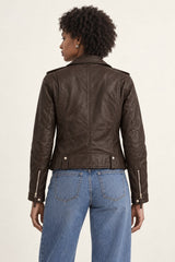 Casaco biker feminino Zurich em pele castanho-chocolate, vista traseira