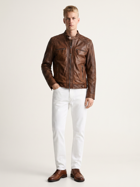 Brujas brown leather jacket for men, worn by a male model, front view | Tifrano genuine leather