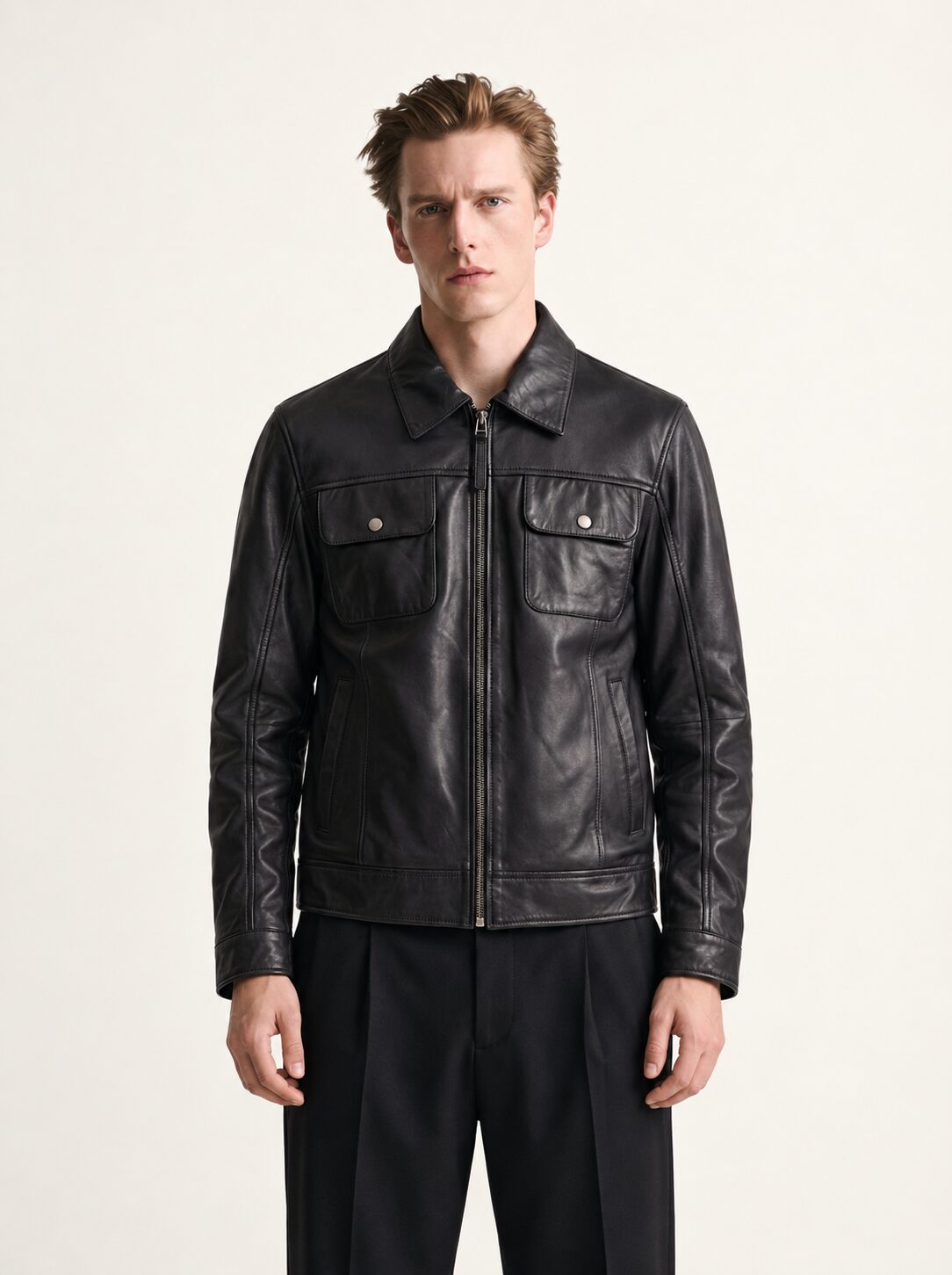 Man wearing the Budapest black leather trucker jacket, alternate full-body view