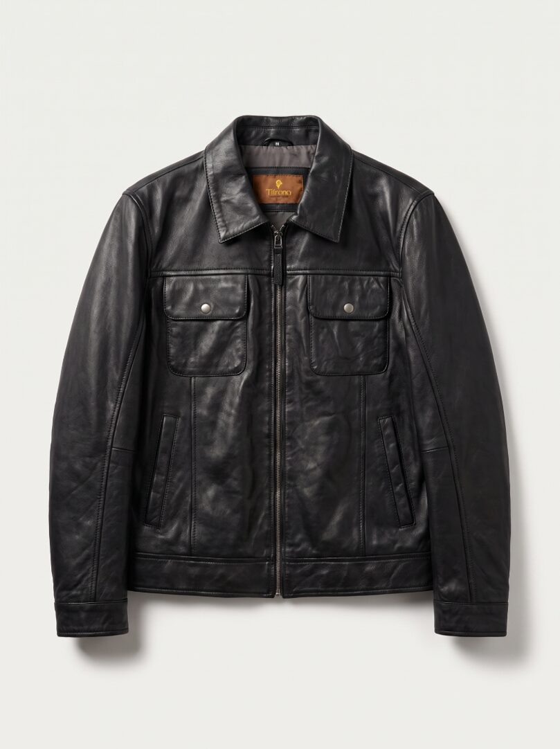 Budapest black leather trucker jacket for men, product-only front view