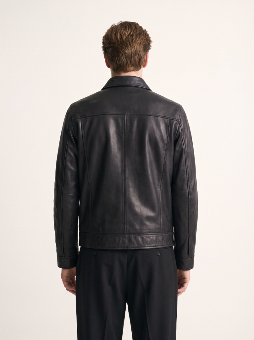Budapest black leather jacket for men, worn by a male model, back view | Tifrano genuine leather