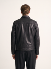 Budapest black leather jacket for men, worn by a male model, back view | Tifrano genuine leather