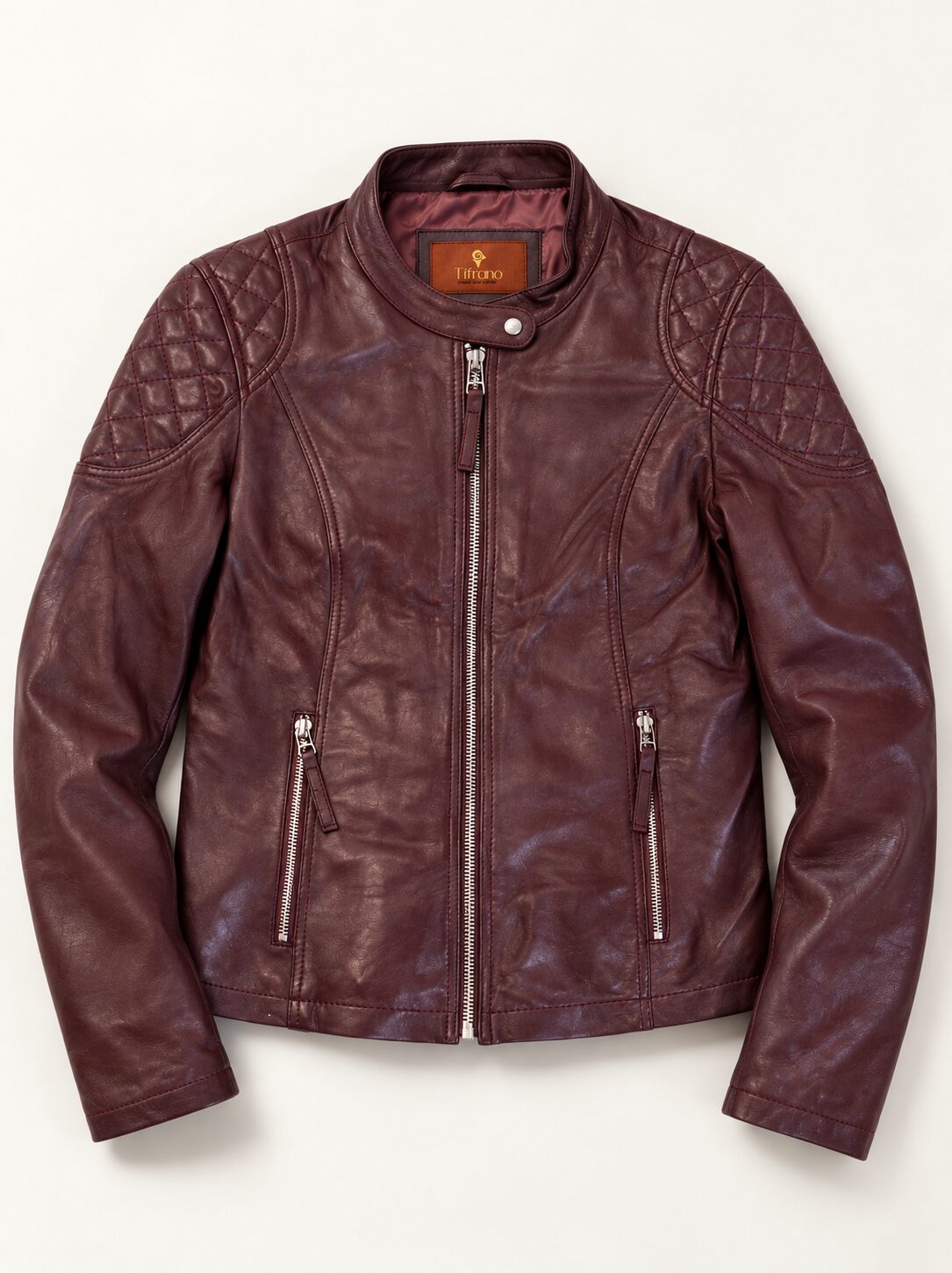 Bursa burgundy leather jacket for women, product-only front view