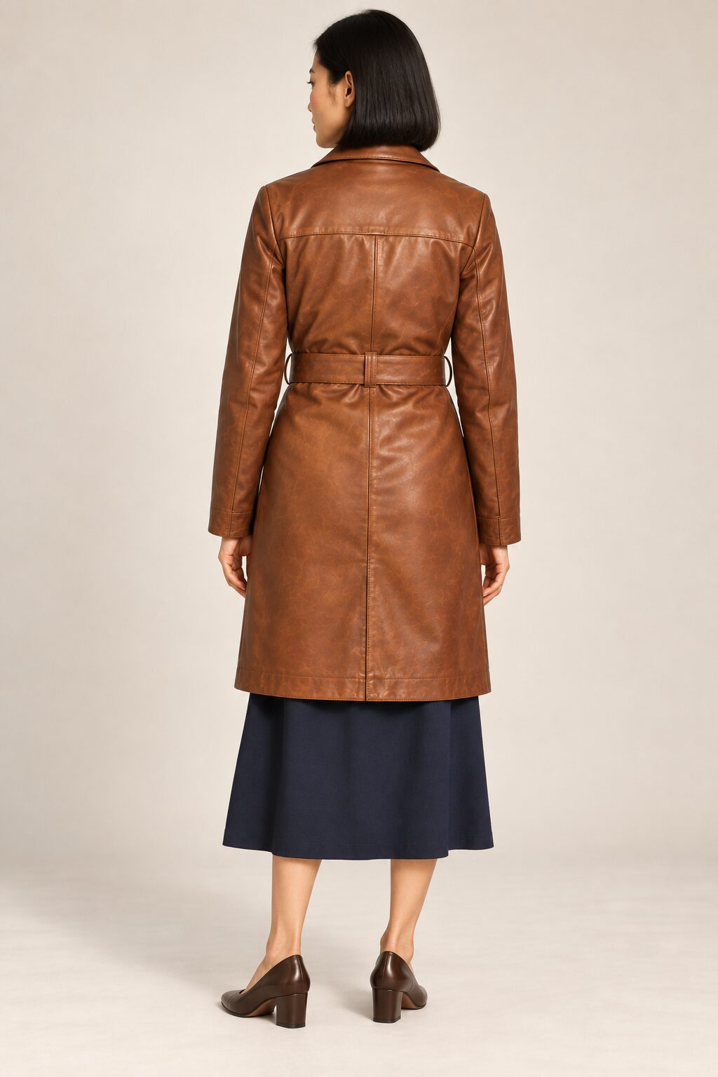 Calafate brown leather coat for women, back view