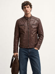 Man wearing the Copenhague dark brown leather racer jacket, alternate full-body view