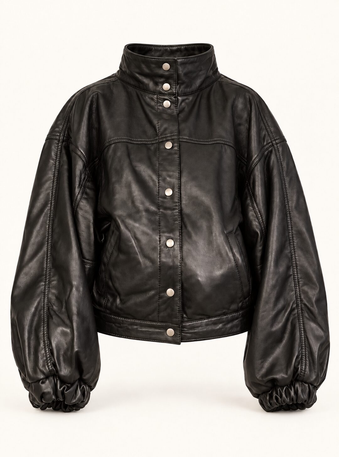 Electra black leather jacket with puff sleeves for women, product-only front view