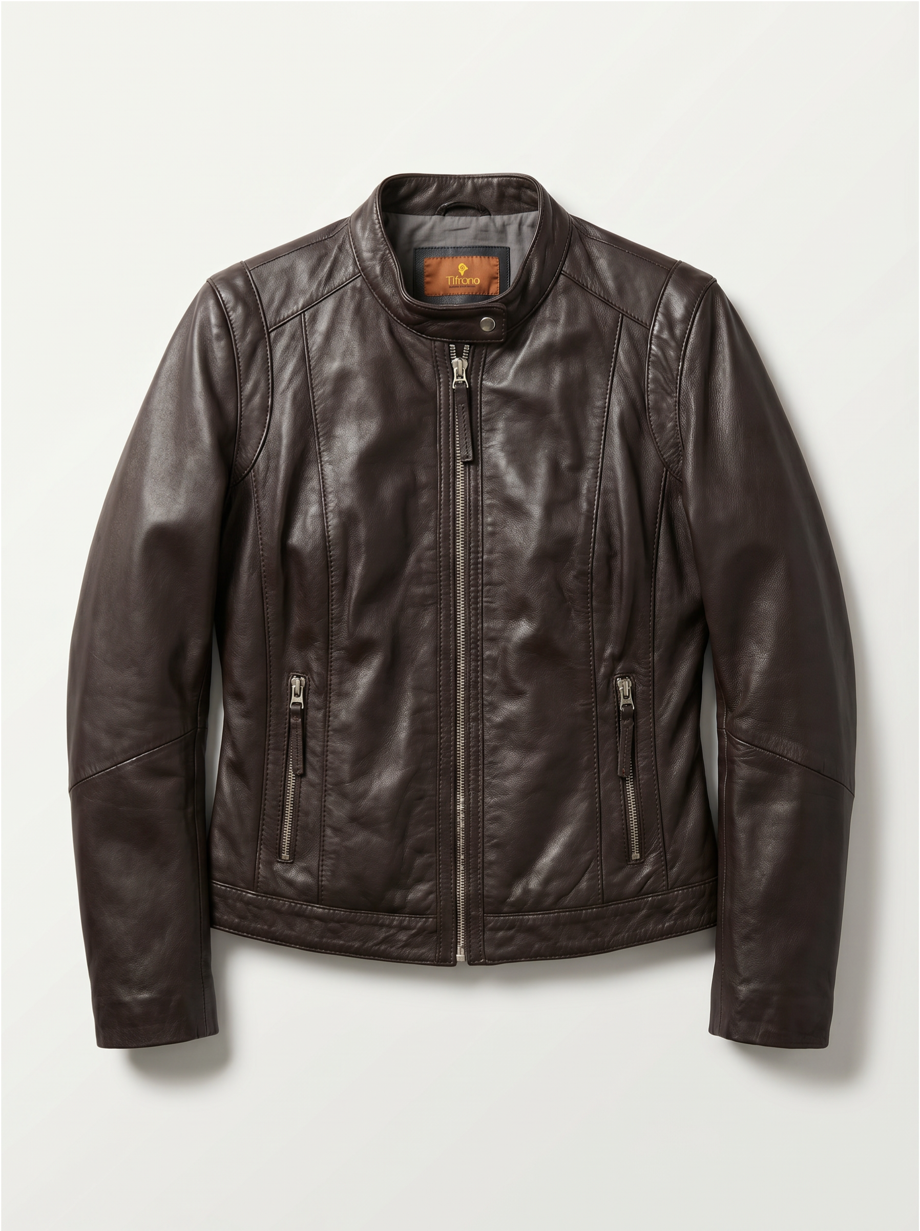 Tifrano Firenze chocolate brown genuine leather jacket for women — front view
