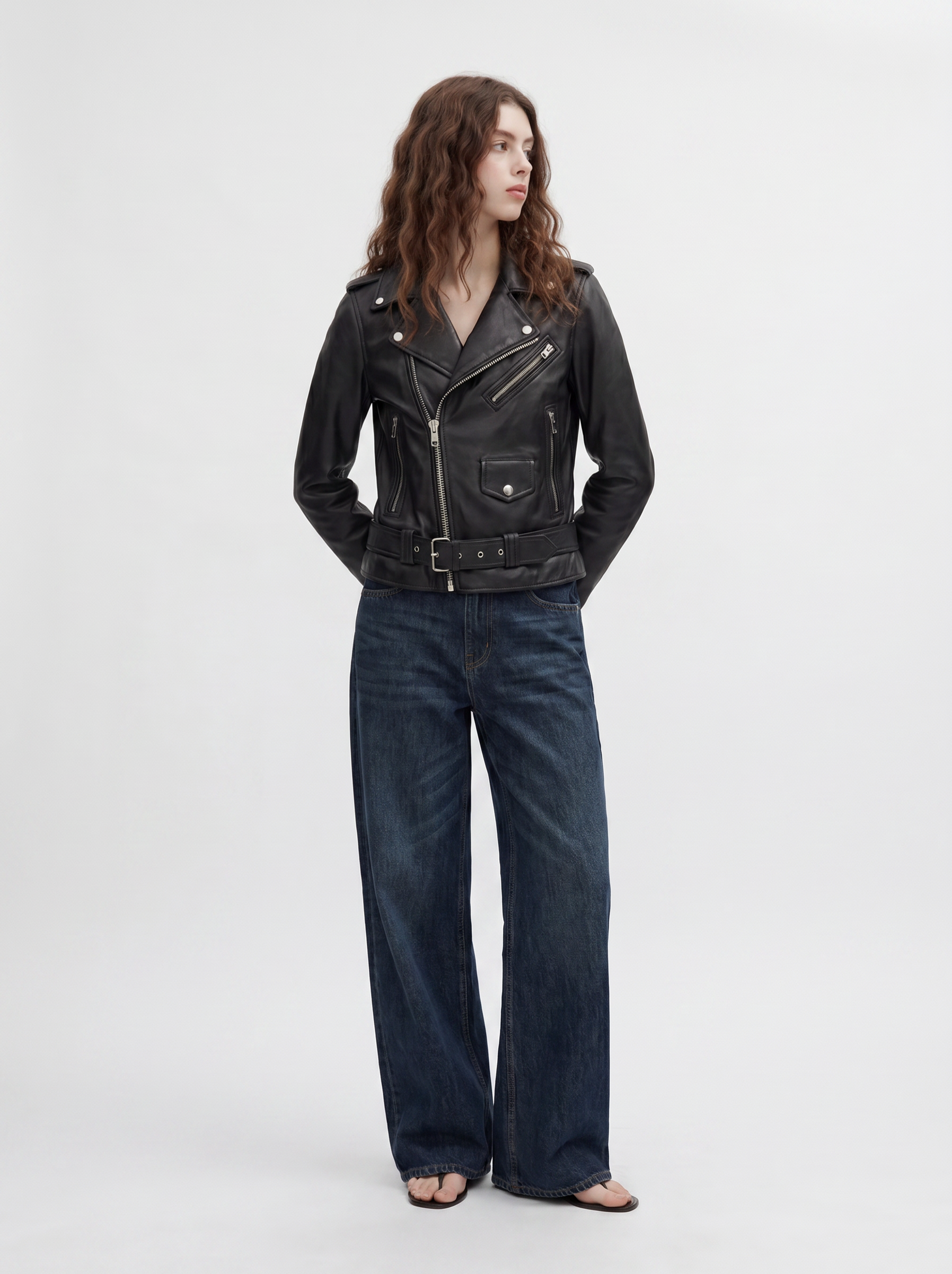 Woman wearing Tifrano Glasgow black leather biker jacket - full body outfit