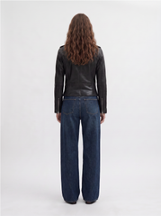 Glasgow black leather biker jacket for women on model, back view