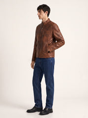 Man wearing the Guadalajara distressed brown leather jacket, three-quarter view