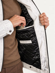 Close-up detail of the Helsinki white distressed leather jacket