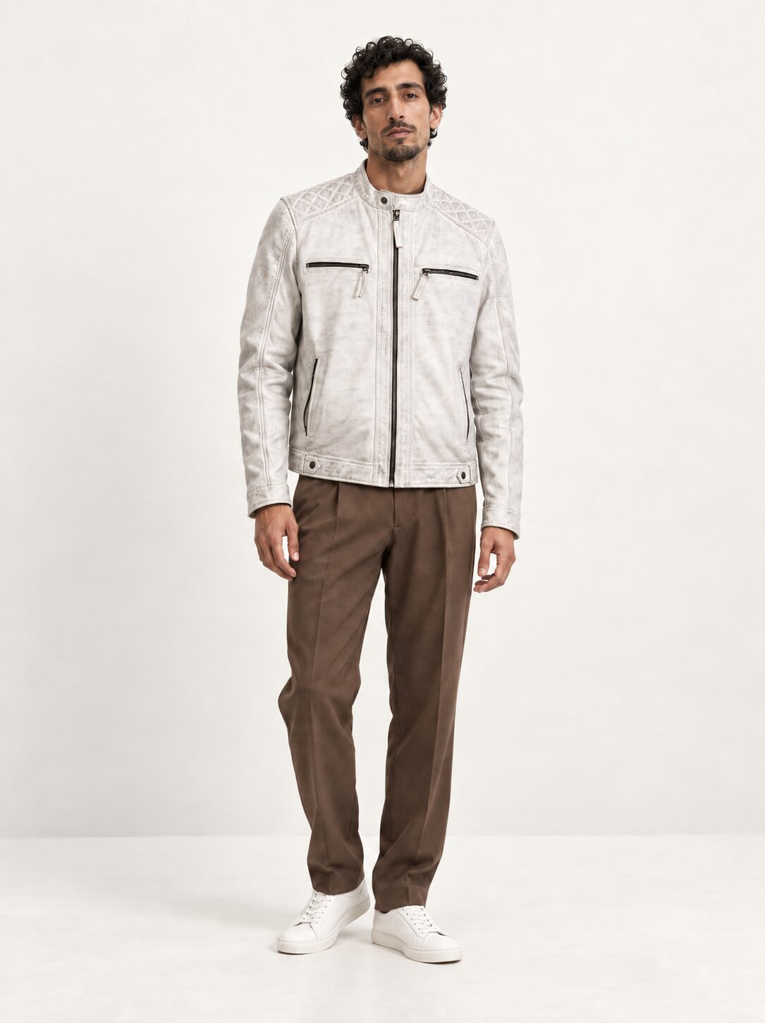 Man wearing the Helsinki white distressed leather jacket, full-body front view