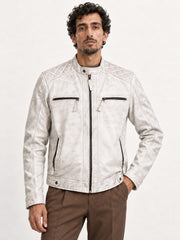 Man wearing the Helsinki white distressed leather jacket, three-quarter view