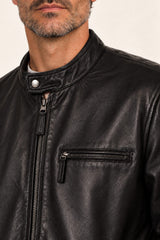 Close-up detail of the Las Vegas black leather racer jacket