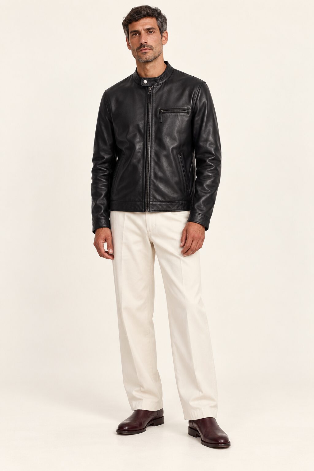 Man wearing the Las Vegas black leather racer jacket, full-body front view