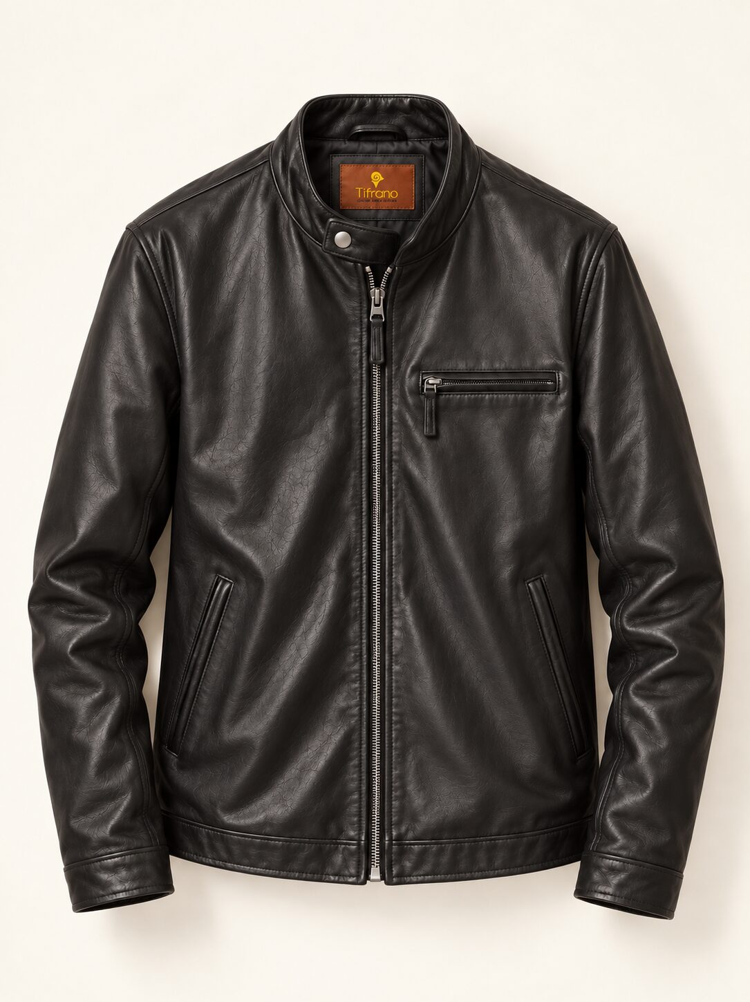 Las Vegas black leather racer jacket for men, product-only front view