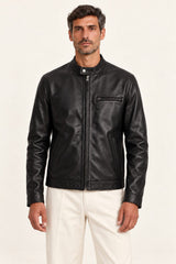 Man wearing the Las Vegas black leather racer jacket, three-quarter view