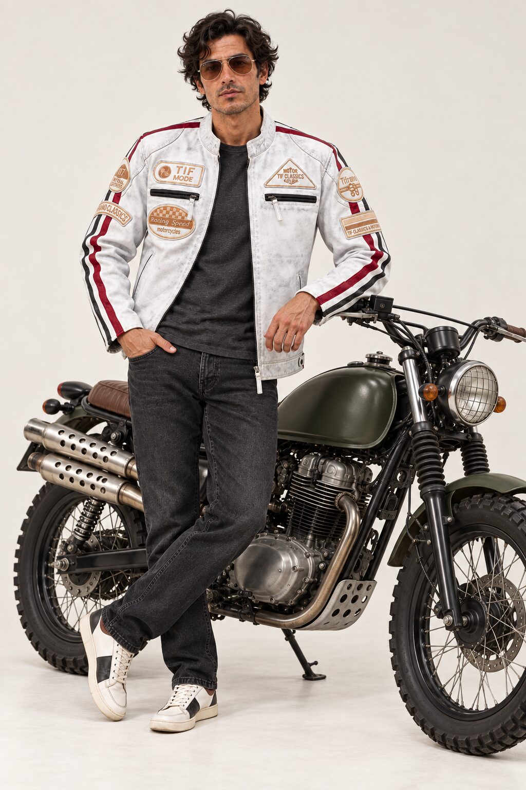 Man wearing the Tifrano MB dirty white leather jacket and sunglasses, standing next to a vintage motorcycle