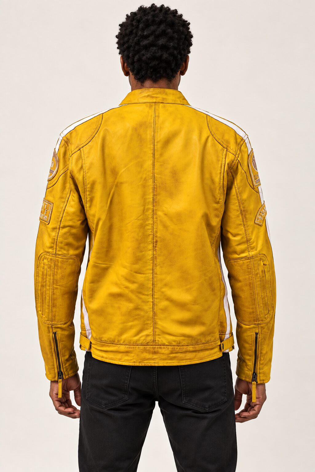 Man wearing the Tifrano MB yellow leather jacket, back view showing the white racing stripe detailing