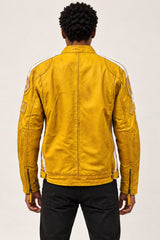 Man wearing the Tifrano MB yellow leather jacket, back view showing the white racing stripe detailing