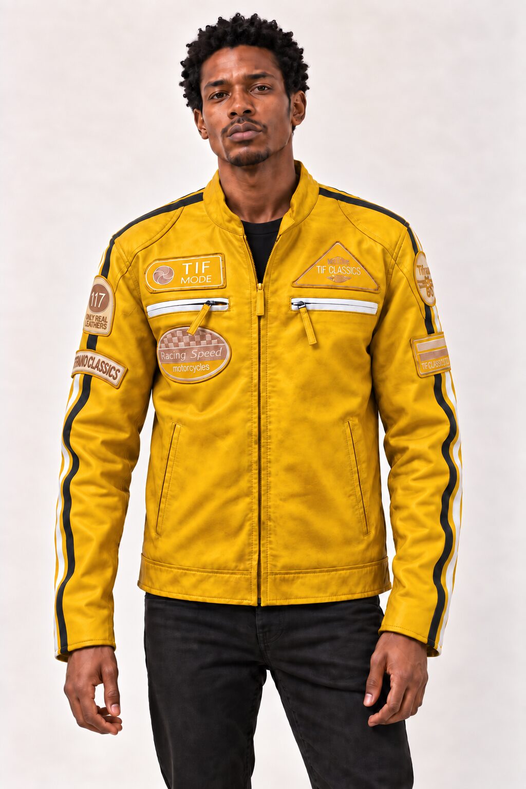 Man modeling the Tifrano MB yellow leather jacket, front three-quarter view showing racing patches and zip pockets