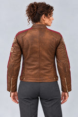Antique brown leather biker jacket for women, back view