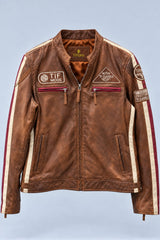 Antique brown leather biker jacket for women, product-only front view
