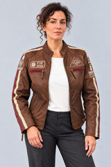 Woman wearing the antique brown leather biker jacket, alternate three-quarter view