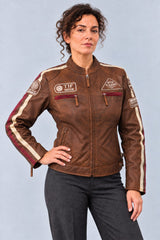 Woman wearing the antique brown leather biker jacket, three-quarter view