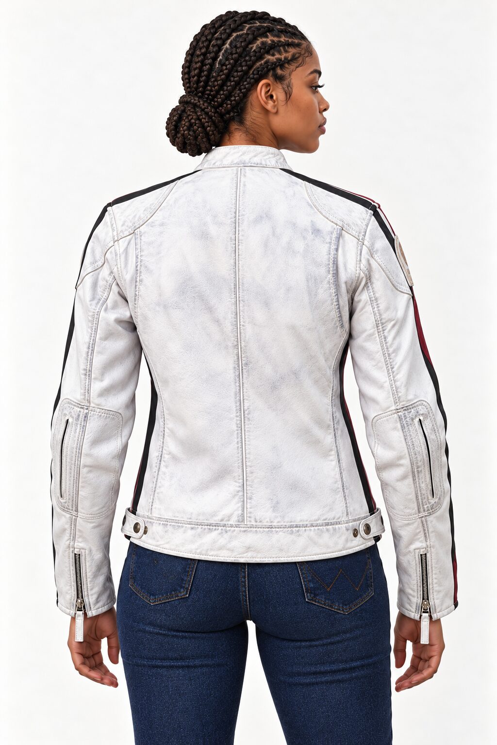 Woman wearing the Tifrano MB dirty white leather jacket, back view showing the racing stripe detailing