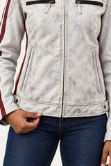 Close-up of the Tifrano MB dirty white leather jacket showing the distressed finish, front zip pockets, and burgundy side stripe