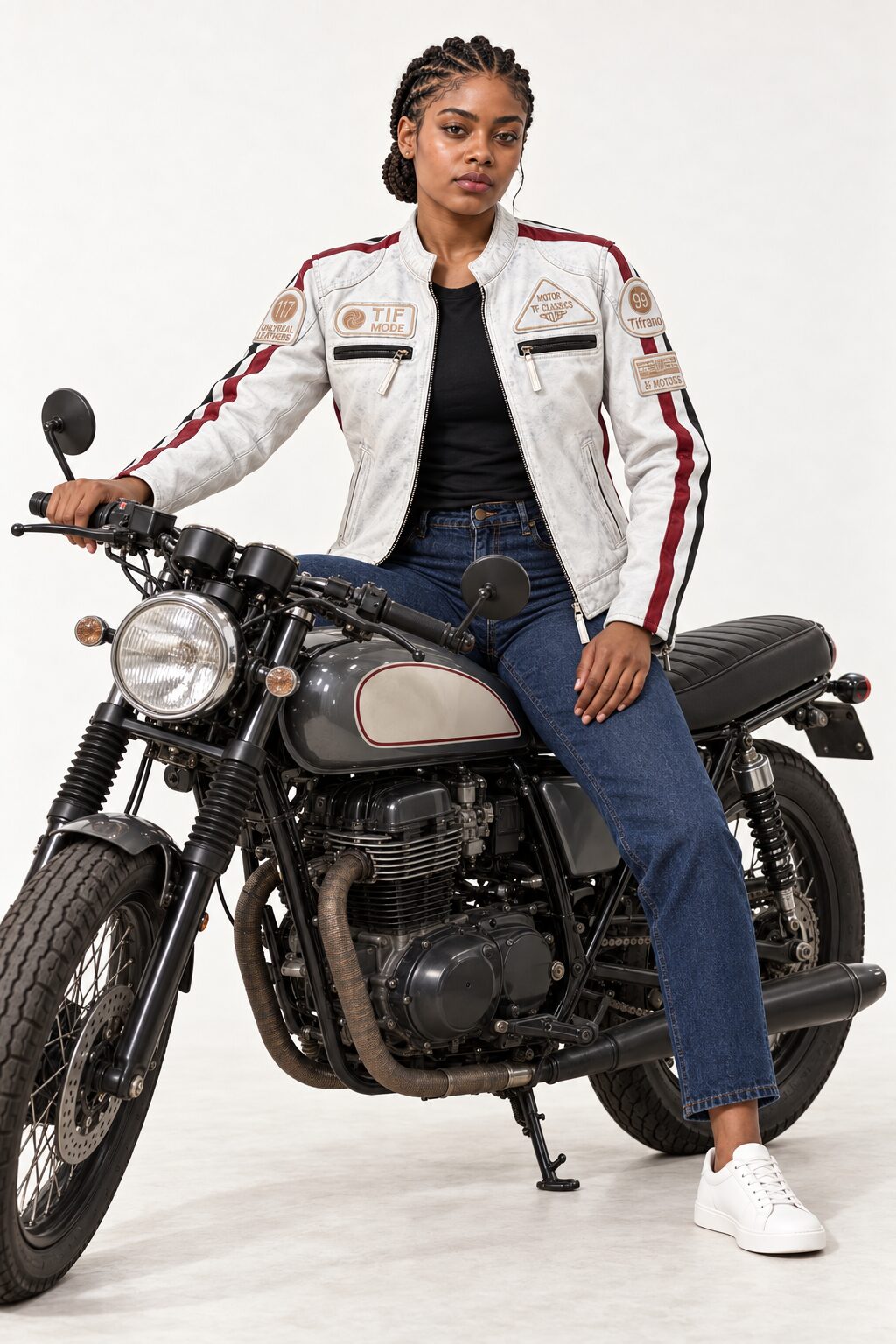 Woman riding a vintage motorcycle wearing the Tifrano MB dirty white leather biker jacket with burgundy and black racing stripes