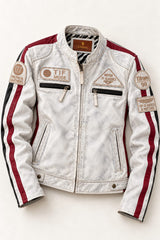 Tifrano MB dirty white leather biker jacket for women, flat lay front view with racing patches and burgundy-black stripes