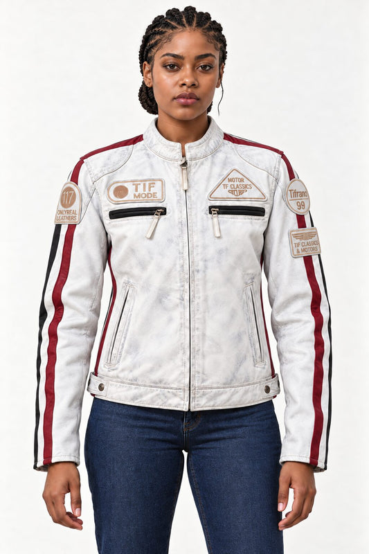 Woman modeling the Tifrano MB dirty white leather jacket, front three-quarter view with visible patches and zip pockets