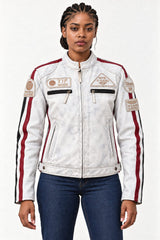 Woman modeling the Tifrano MB dirty white leather jacket, front three-quarter view with visible patches and zip pockets
