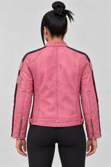 Pink leather biker jacket with patches for women, back view