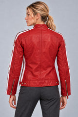 Red leather biker jacket with patches for women, back view