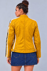 Yellow leather biker jacket for women, back view