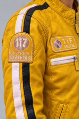 Close-up detail of the yellow leather biker jacket for women
