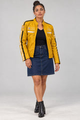 Woman wearing the yellow leather biker jacket, full-body front view