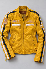 Yellow leather biker jacket for women, product-only front view