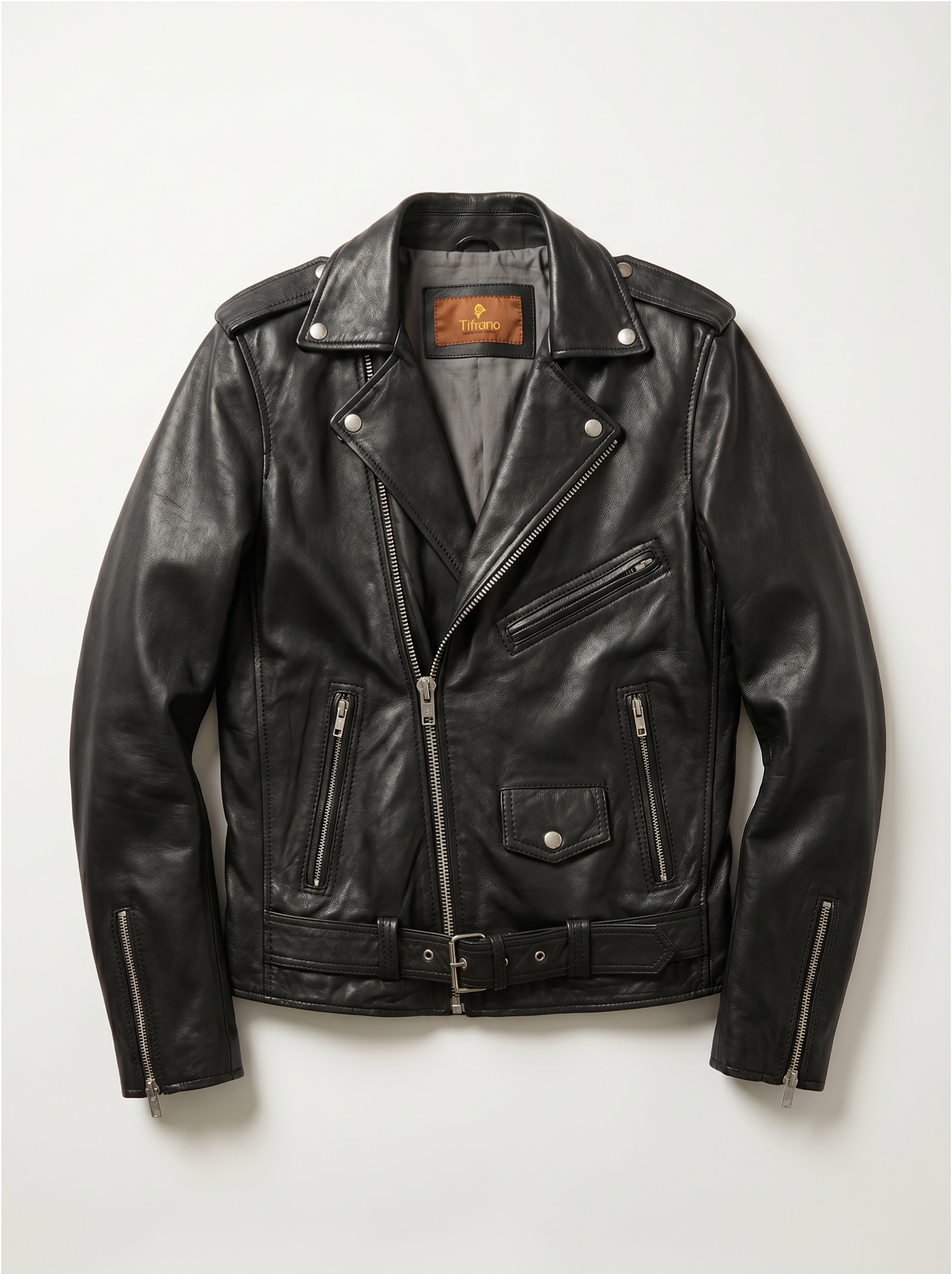 Tifrano Memphis Rockera black leather biker jacket for men with belt and snap buttons — front view