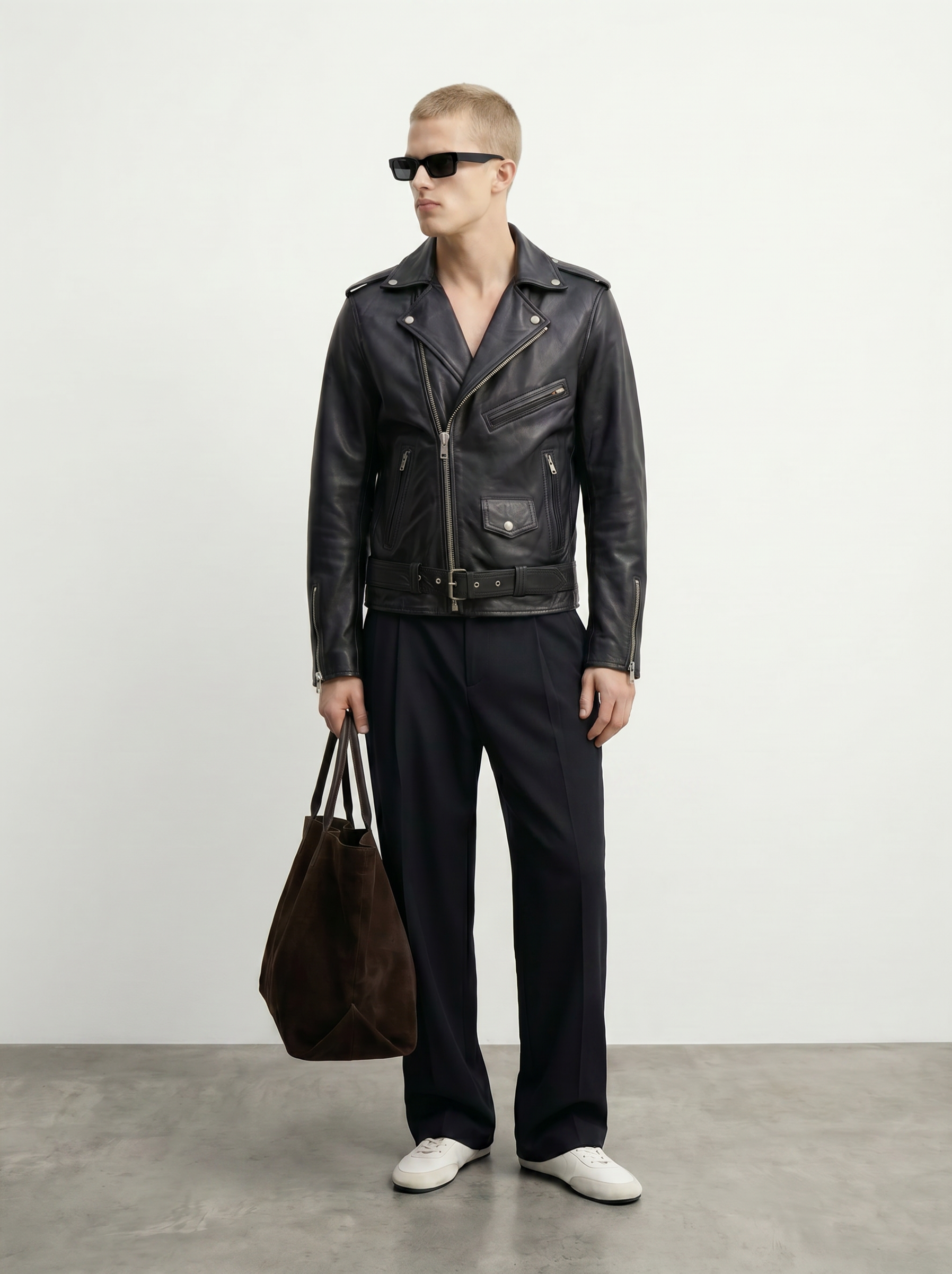 Man wearing Tifrano Memphis Rockera black leather biker jacket - full body styling