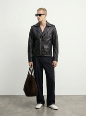 Man wearing Tifrano Memphis Rockera black leather biker jacket - full body styling