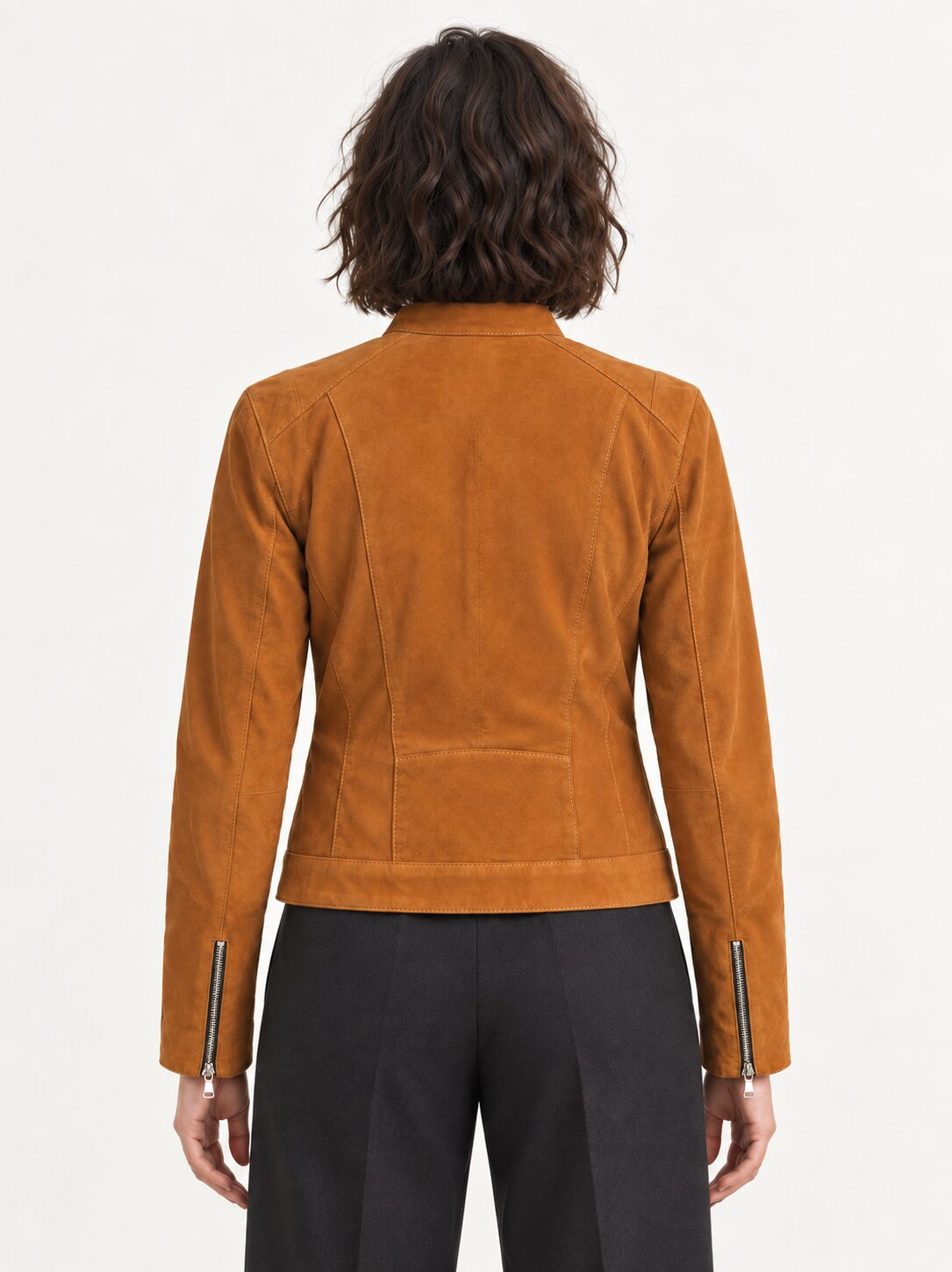 Minerva camel suede jacket for women, back view