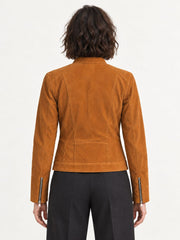 Minerva camel suede jacket for women, back view