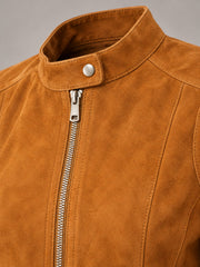 Close-up detail of the Minerva camel suede jacket