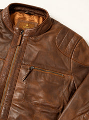 Oxford brown leather jacket by Tifrano, close-up detail of leather and zippers