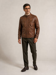 Oxford brown leather jacket by Tifrano, men's full-body front view
