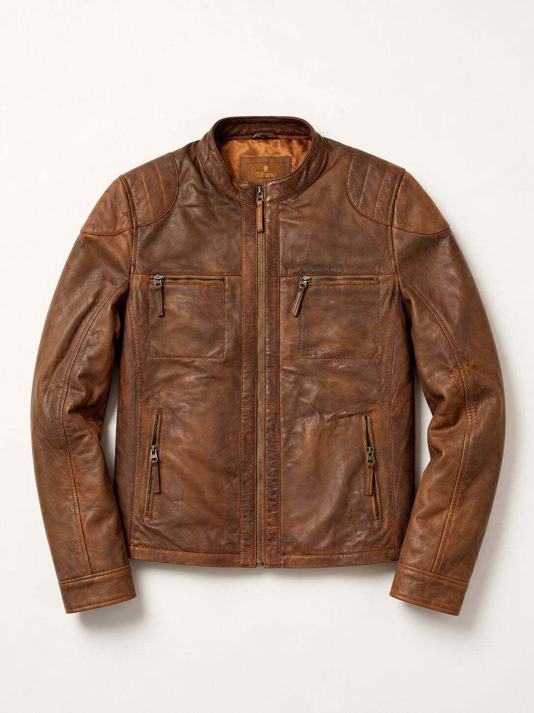 Oxford brown genuine leather jacket by Tifrano, product-only front view
